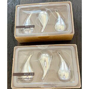West Elm Silver Glass Teardrop Christmas Ornaments Set Of 6 New In Box